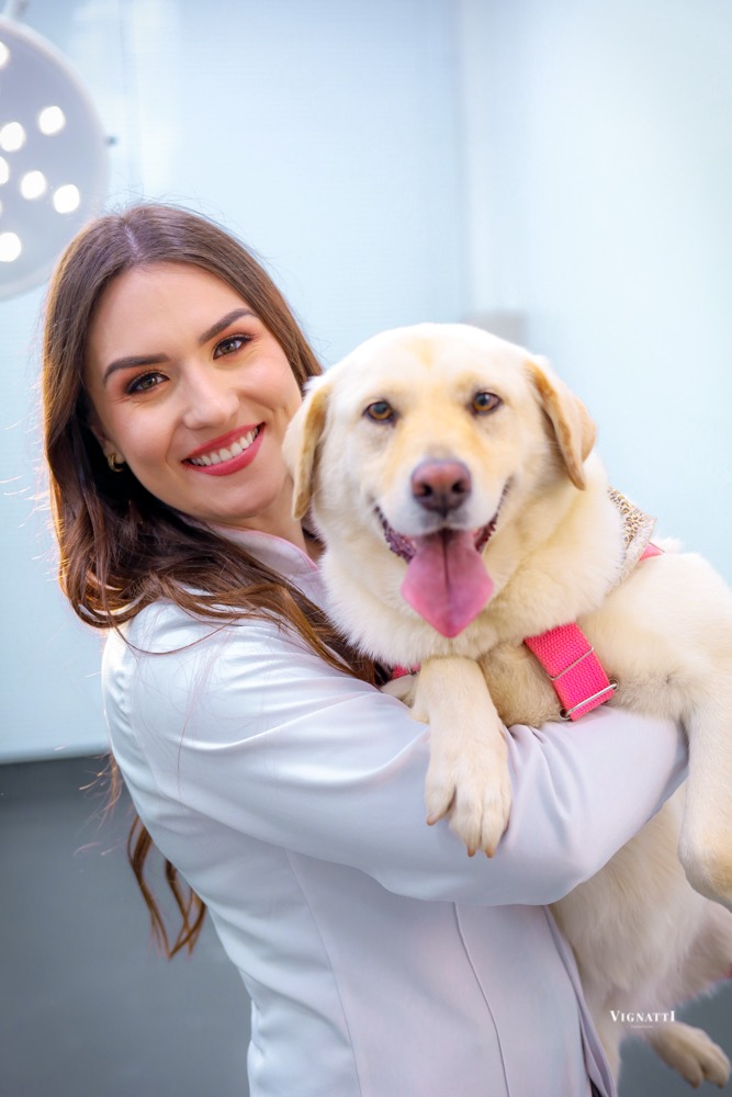 Dra. Rafaela Romansini, médica veterinária especialista em dermatologia, segurando um Labrador